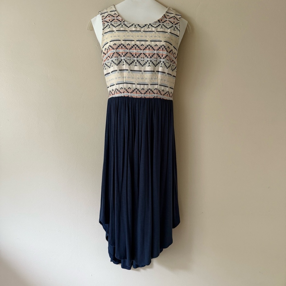 Dolan Sleeveless Cream Patterned Bodice with Navy High-Low Skirt